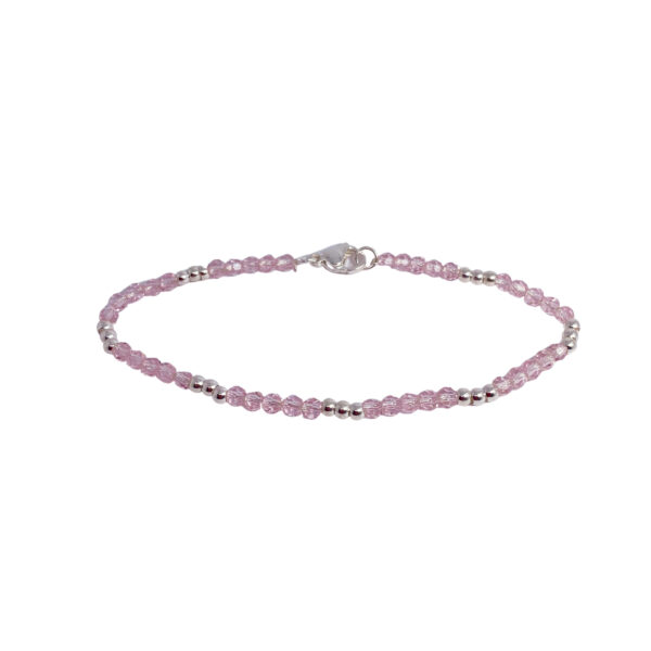 PULSERA ACERO BLANCO CON CRISTAL ROSA Y 3 BOLITAS DE ACERO