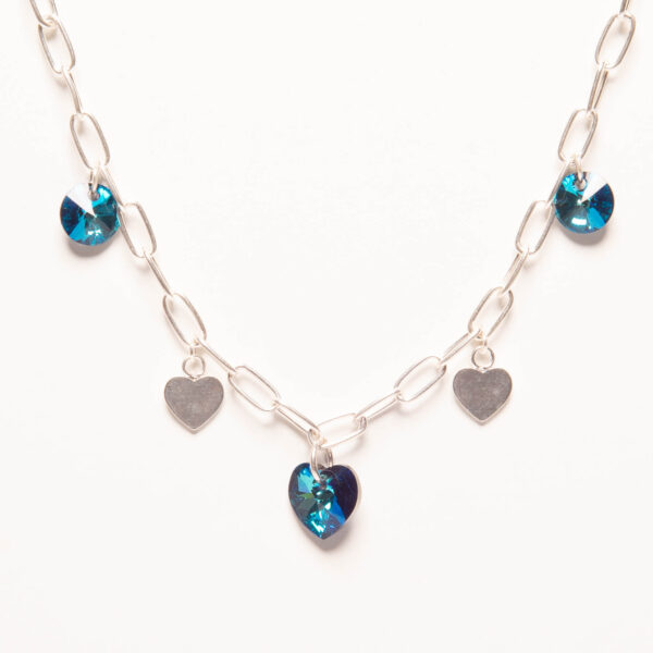 PULSERA DE PLATA 925 Y DIJES DE CRISTAL Y CORAZON AZUL