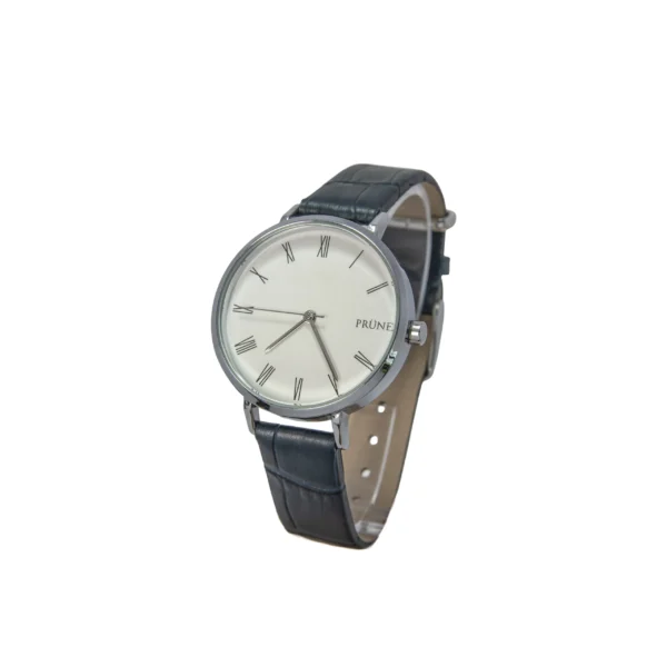 RELOJ PRUNE PLATEADO Y BLANCO CON CUERINA NEGRA