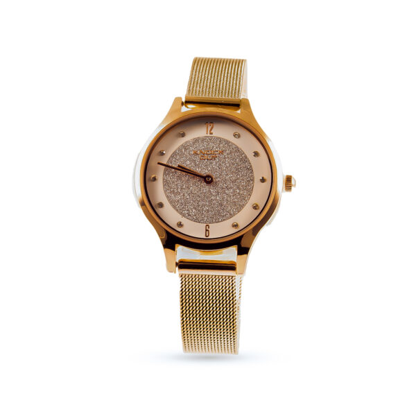 RELOJ KNOCK OUT BLANCO BRILLO Y MALLA FINA ROSE