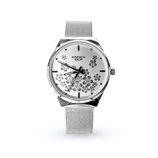 RELOJ KNOCK OUT GRIS CON BRILLO CON MALLA DEL MISMO TONO