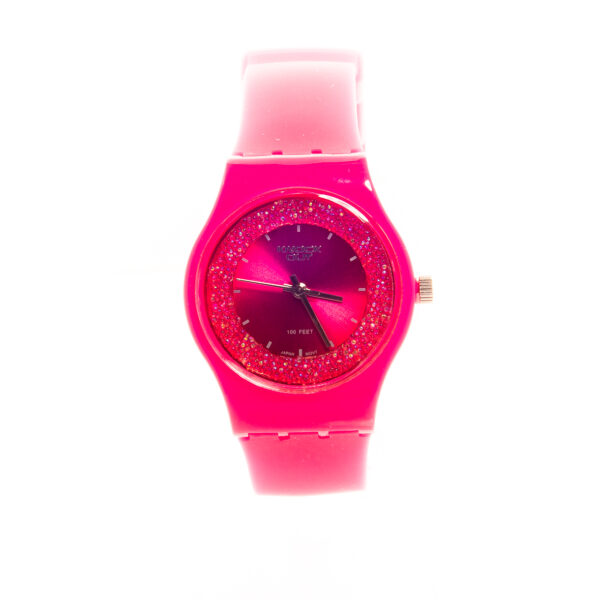 RELOJ KNOCK OUT CON MALLA DE GOMA ROSA Y DETALLES EN BRILLOS