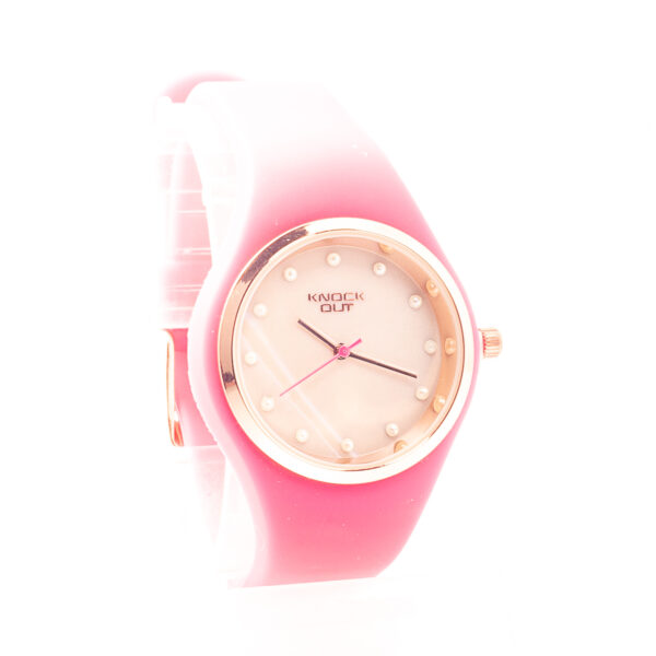 RELOJ KNOCK OUT CON MALLA DE GOMA ROSADA Y MINI PERLAS - Image 2