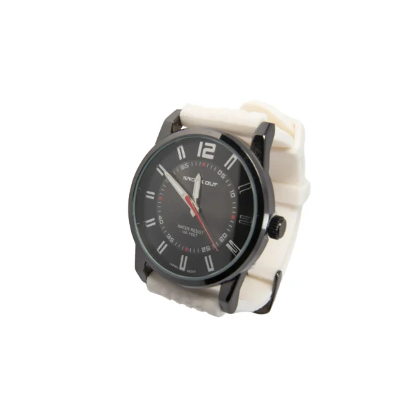 RELOJ KNOCK OUT NEGRO CON MALLA BLANCA DE GOMA CON RELIEVE
