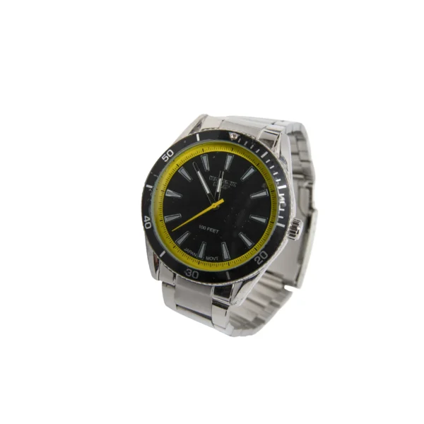 RELOJ KNOCK OUT NEGRO Y AMARILO DE MALLA METÁLICA GRIS