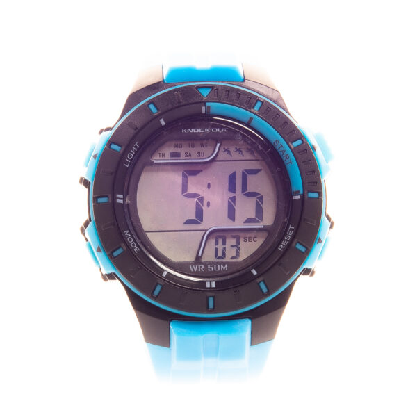 RELOJ KNOCK OUT DEPORTIVO, MALLA DE GOMA AZUL Y NEGRO