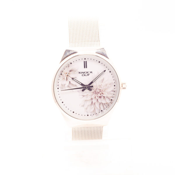 RELOJ KNOCK OUT MALLA GRIS Y FONDO CON FLORES BLANCAS