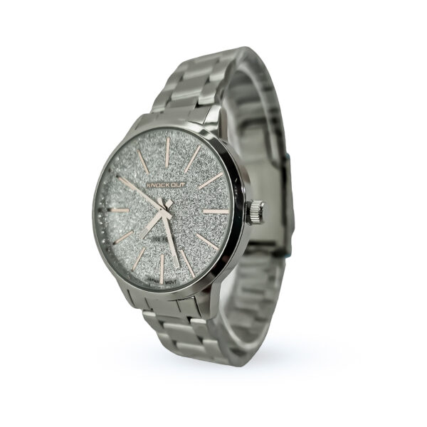 RELOJ KNOCK OUT PLATEADO Y MALLA TRAMADO ENGARZADO