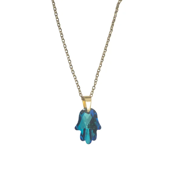 CONJUNTO DE ACERO DORADO CON DIJE DE MANO DE CRISTAL