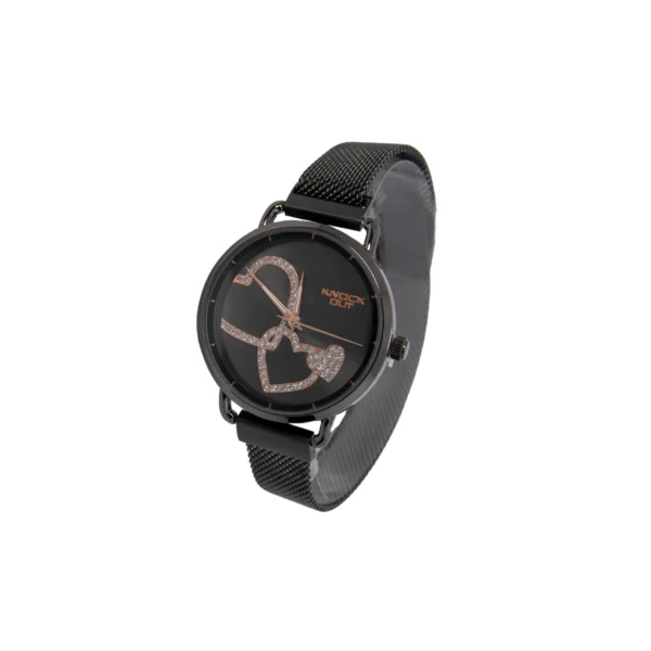 RELOJ DE MALLA FINA NEGRA CON CORAZONES EN ROSÉ Y ZIRCONIAS - Image 2